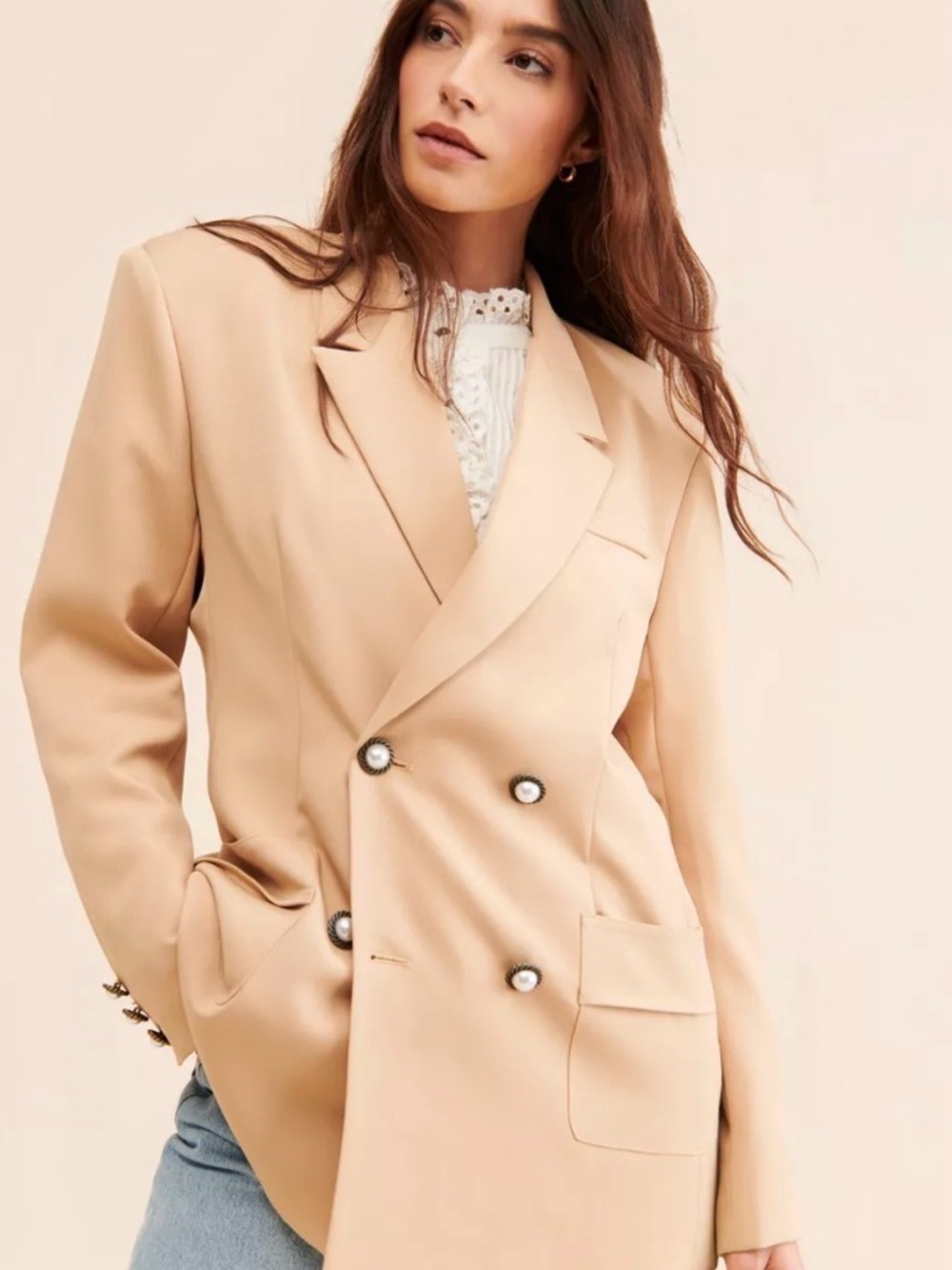 Sister Jane NWT Beige Harlow Double-Breasted Blazer w/ Brass Pearl Buttons $138 - Picture 2 of 11
